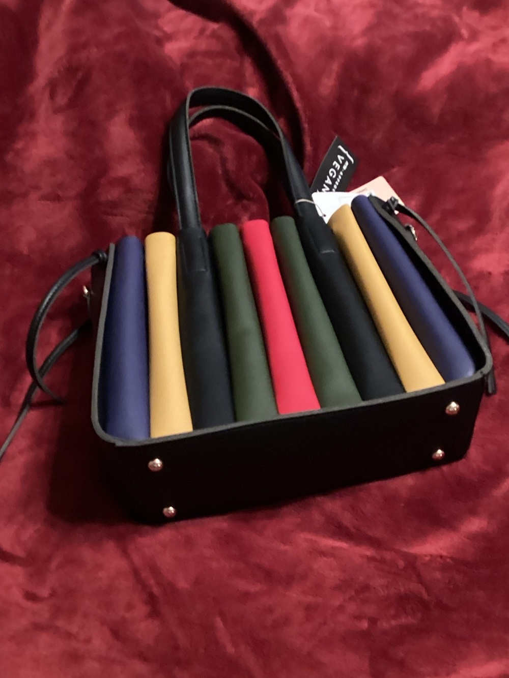 Multicolor Ribbed Satchel Bag - Black with Navy, Mustard, Green, Red Accents